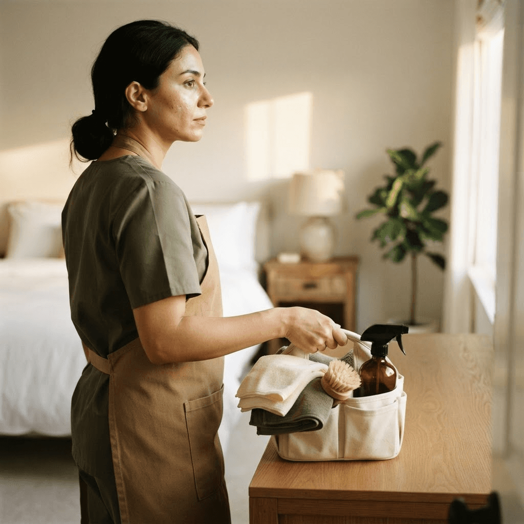Bait Clean housekeeper packing away supplies after finishing a home cleaning visit in Sharjah.