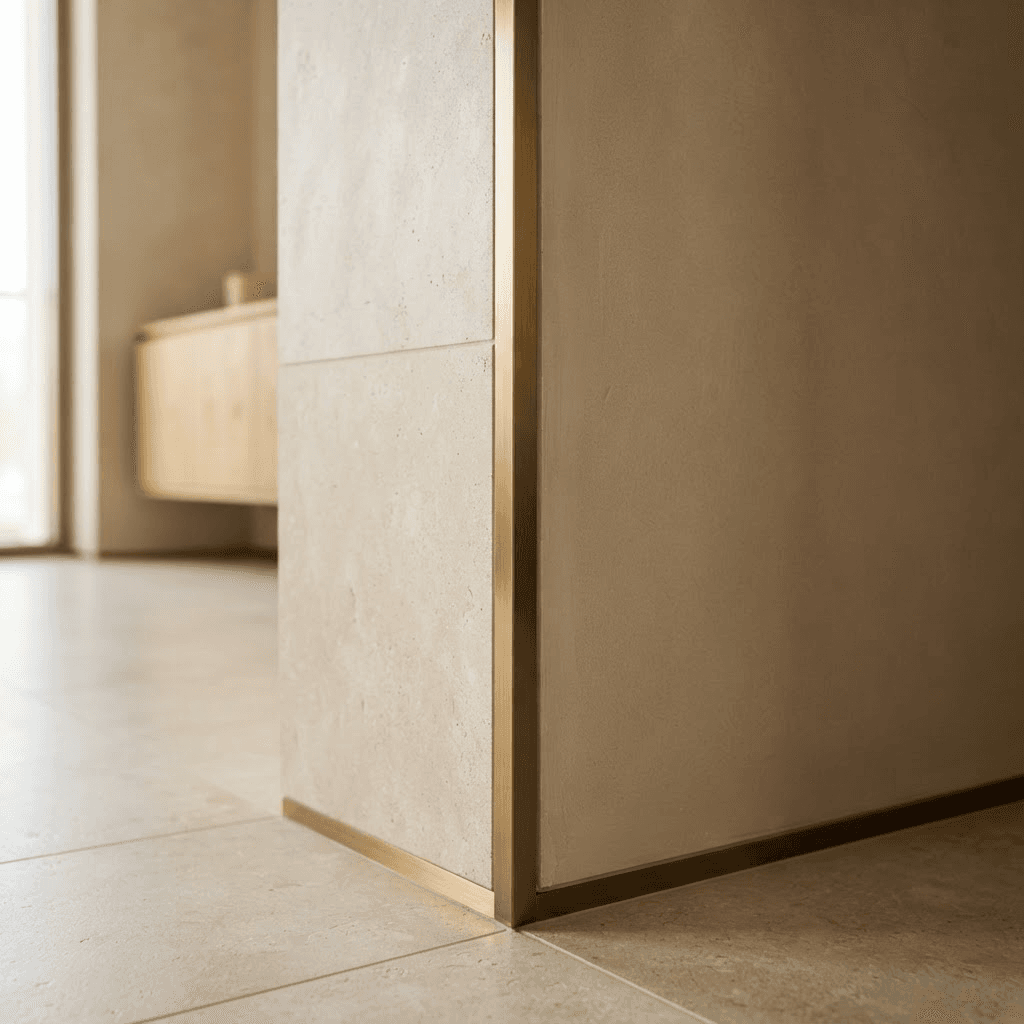 A close architectural detail of warm brass trim meeting a pale stone corner with precise, clean lines.