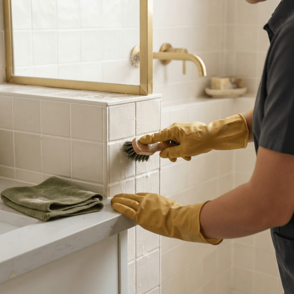A yellow-gloved cleaner scrubbing pale bathroom tile grout.