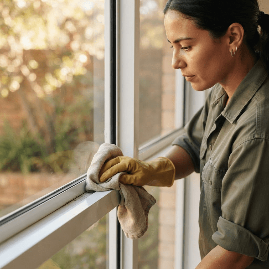 A professional cleaner wiping a bright window track clean.