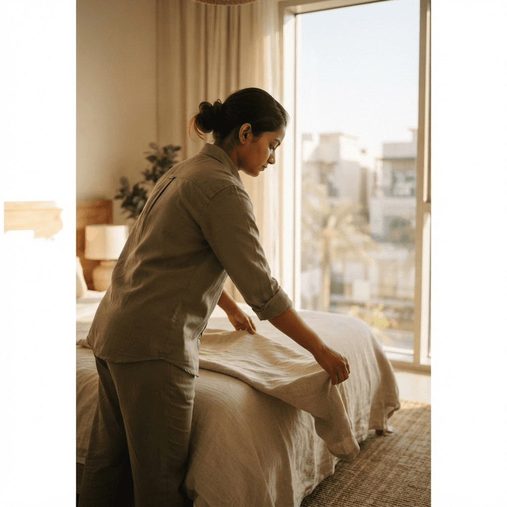 A housekeeping professional smoothing linen in a sunlit room, caught mid-task in natural light — the quiet, unhurried care behind every visit.