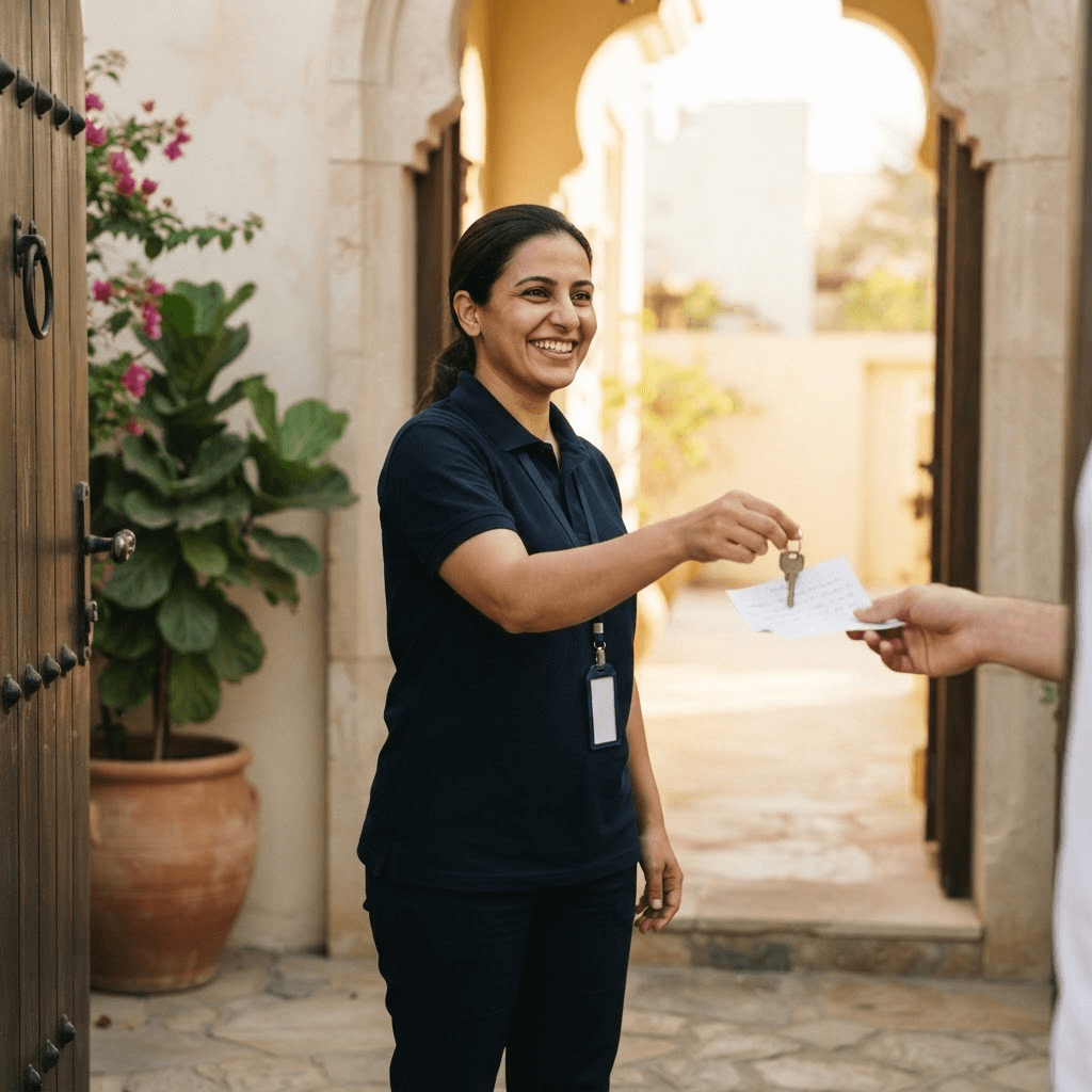 A Bait Clean staff member greeting a client at the front door mid hand-off, warm and unposed.