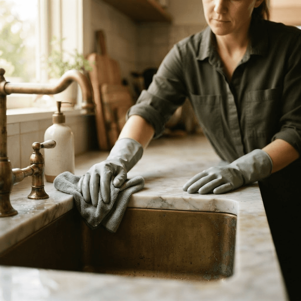 A professional cleaner in yellow gloves wiping a bright modern kitchen cabinet.