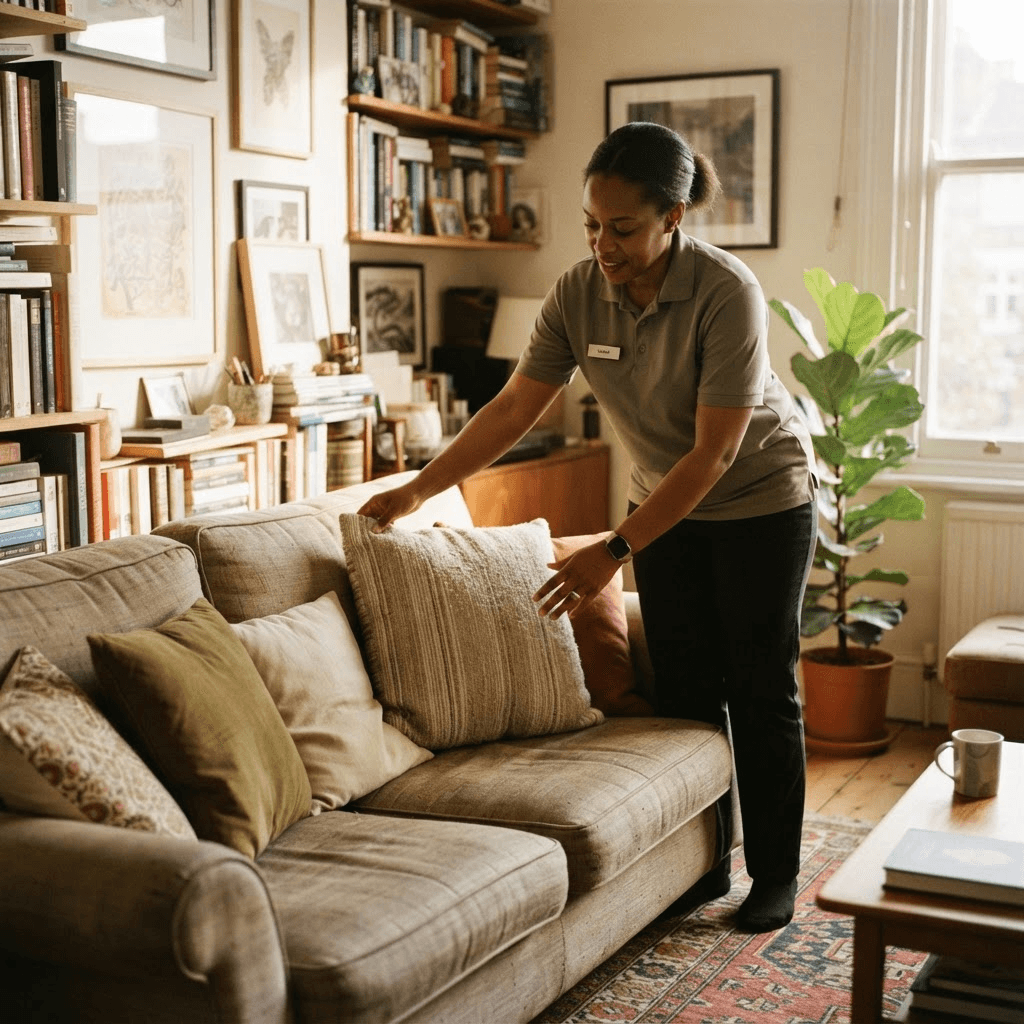 A professional housekeeper making a bed in a bright modern apartment bedroom.