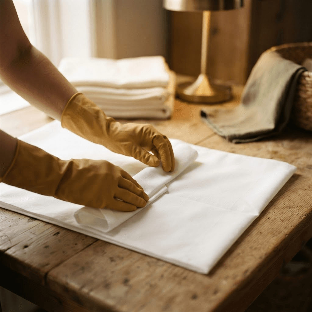 A pressed, folded edge of white linen caught in raking daylight.